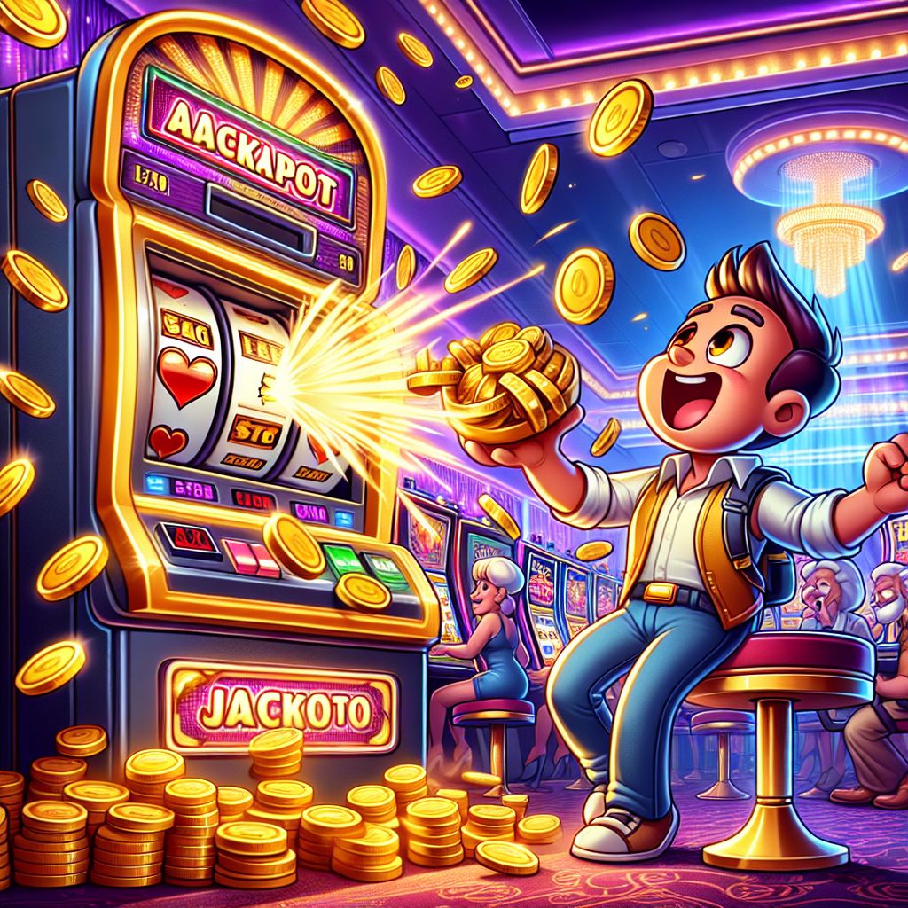 CV1971 themed cartoon character hitting a slot machine jackpot with gold coins falling